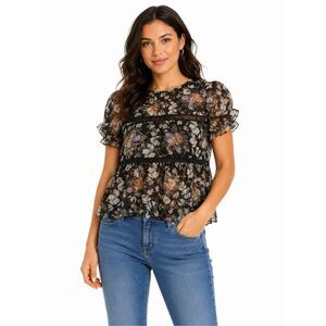 RO & DE Women’s Black Floral Sheer Babydoll Peplum Blouse Size XS